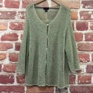 Sigrid Olsen Cardigan Sweater Women's 1X Sage Green Open Knit Sheer Lightweight